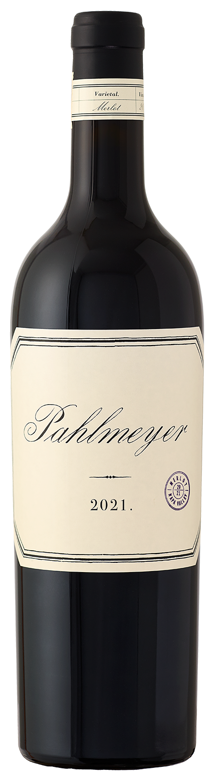 A bottle of red wine labeled "Pahlmeyer" with a vintage year of 2021. The bottle features a minimalist white label with black text and a small circular emblem on the right.