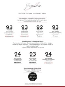 An image detailing various wine ratings from Jayson and Pahlmeyer, displaying point scores (ranging from 92 to 94 points), wine types, and reviewers' comments and accolades.