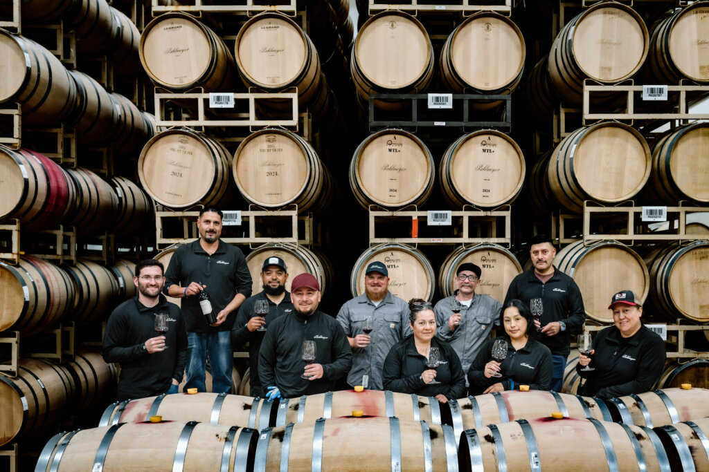 A group of nine people holding wine glasses stand in front of stacked wine barrels in a cellar, posing for a photo.